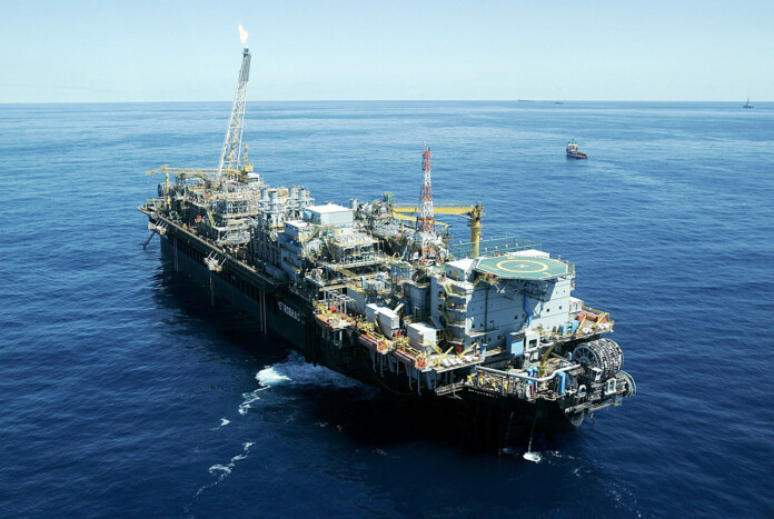 An aerial view of Petrobras 50, a ship-shaped floating production, storage and off-loading (FPSO) vessel, in Rio de Janeiro