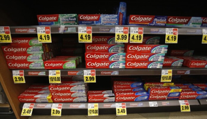 FILE PHOTO: Colgate toothpaste is pictured on sale at a grocery store in Pasadena