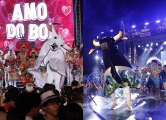Caprichoso e Garantido fazem a festa de boi-bumbá para o lançamento do 58º Festival de Parintins na Ilha Tupinambarana