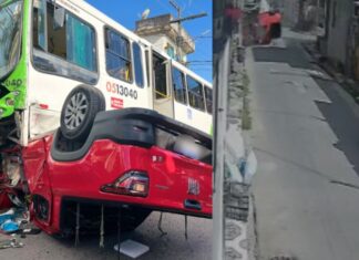 VÍDEO: Acidente entre ônibus e Fiat Strada no bairro Aleixo deixa motorista ferido