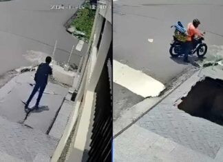 Homem é ‘engolido’ por buraco em calçada de Manaus