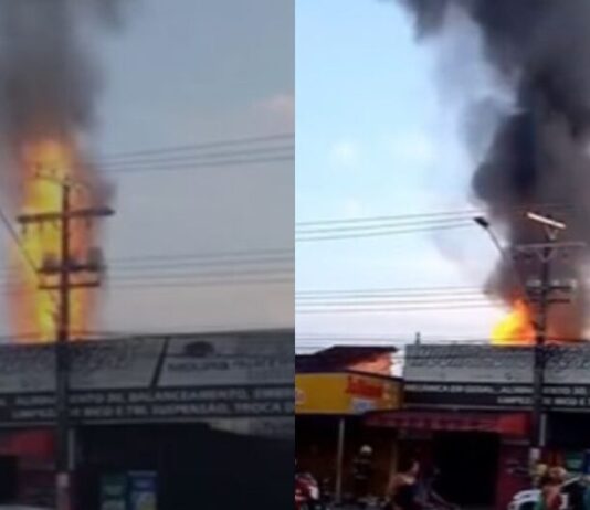 Incêndio destrói oficina e gera tensão próximo a posto de gasolina em Manaus