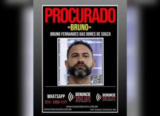 Cartaz do Disque Denúncia alerta sobre paradeiro do goleiro Bruno, que segue foragido