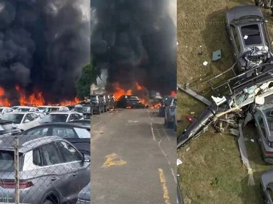 VÍDEO: Colisão entre dois helicópteros no Rio causa incêndio gigantesco no pátio da montadora BYD