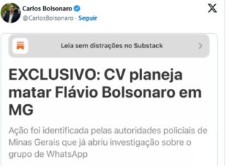 Facção criminosa ‘CV’ planeja matar Flávio Bolsonaro, divulga Carlos