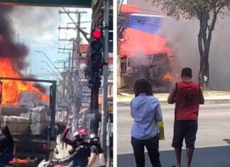 Caminhão pega fogo próximo ao Shopping Grande Circular e mobiliza bombeiros