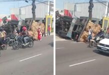 Motorista escapa ileso após carreta tombar na Avenida Grande Circular, em Manaus