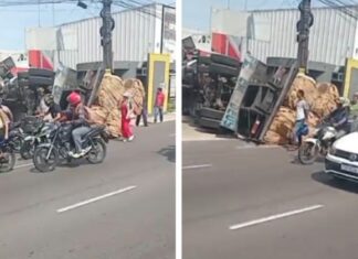 Motorista escapa ileso após carreta tombar na Avenida Grande Circular, em Manaus