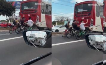 VÍDEO: Jovens são flagrados em bicicletas na traseira de ônibus em avenida movimentada de Manaus