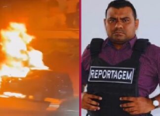 Carro de reportagem do comunicador Eudogio Gonçalves pega fogo em avenida de Manaus