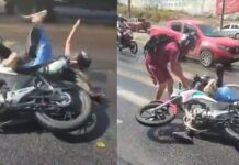 Motociclista e passageira caem após moto derrapar em óleo na Cosme Ferreira, em Manaus