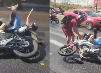 Motociclista e passageira caem após moto derrapar em óleo na Cosme Ferreira em Manaus