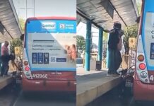 Motoqueiro tem a moto prensada entre ônibus e plataforma na Grande Circular em Manaus