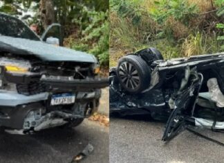 Motorista fica preso às ferragens após avançar cruzamento, bater em picape e capotar em Manaus