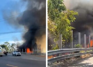 Fumaça intensa chama atenção durante incêndio em área de vegetação no São Raimundo, em Manaus