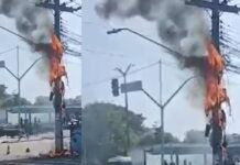 Incêndio em poste assusta moradores e motoristas na Avenida Cosme Ferreira