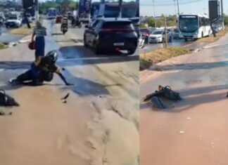 Buraco aberto após rompimento de adutora ‘engole’ moto com duas pessoas em Manaus