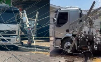 Caminhão enrosca em fiação, derruba poste com transformador e deixa área sem energia em Manaus