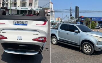 Carro de aplicativo capota e fica destruído após bater em S10 no Parque 10 em Manaus